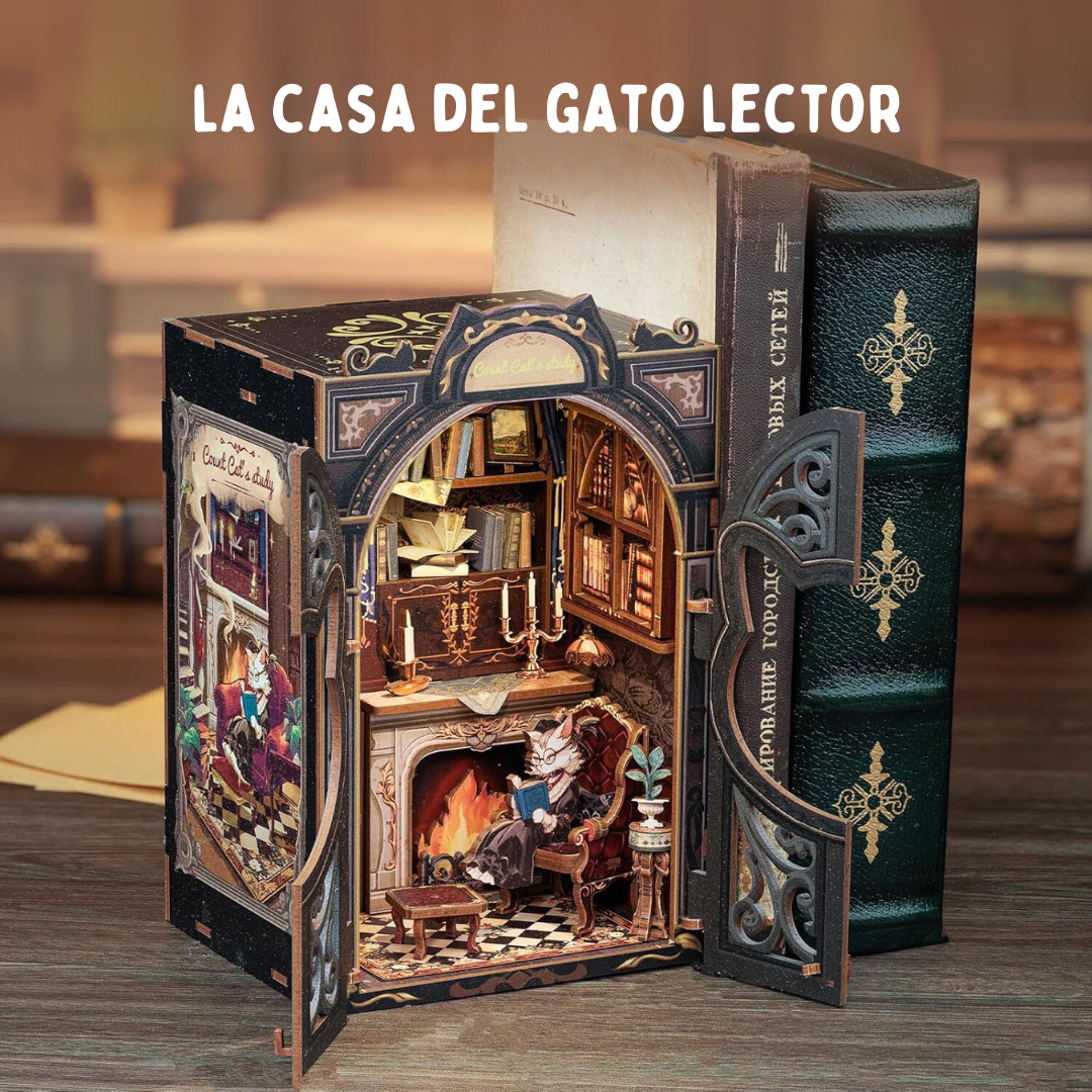 La casa del gato lector - Maqueta de madera para relajación antiestrés